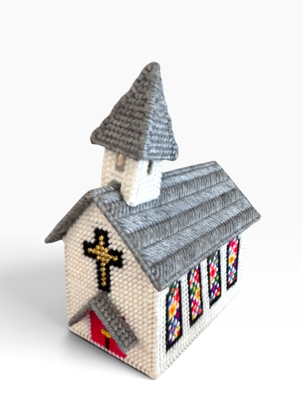 Vintage Handmade Musical Church Needlepoint Plastic Canvas Music Box